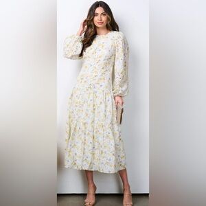 JUST ME LONG SLEEVE BUTTON UP TIERED EYELET FLORAL MIDI DRESS M